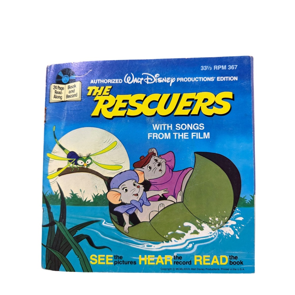 Vintage 1977 Disney The Rescuers Read-Along Book and 33 1/3 RPM Record 367